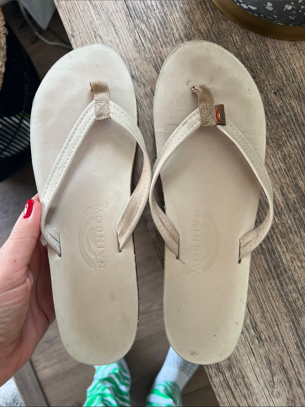Rainbow White Leather Thong Sandals with Tan Midsole